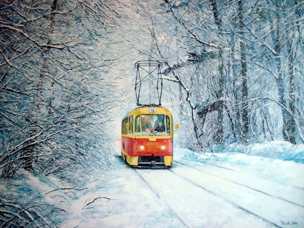 Зимний трамвай. Зимний пейзаж с трамваем. Зимний трамвайчик. Трамвай живопись.