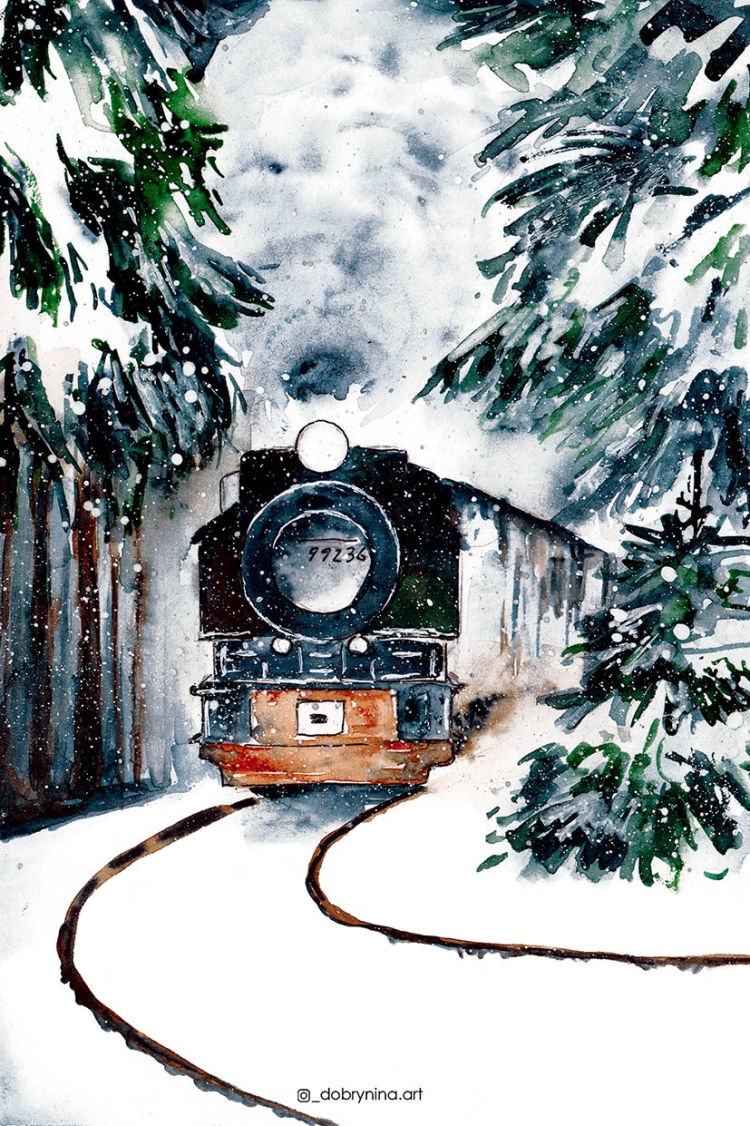 Поезд в лесу зимой
