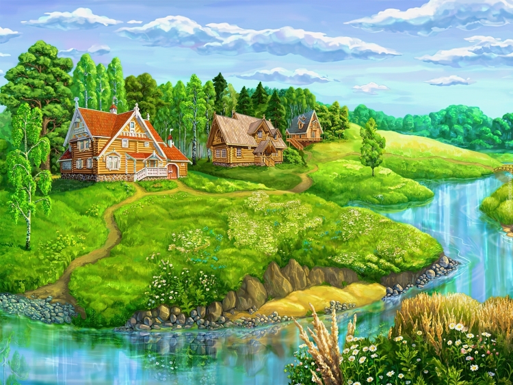 Деревня в лесу у озера