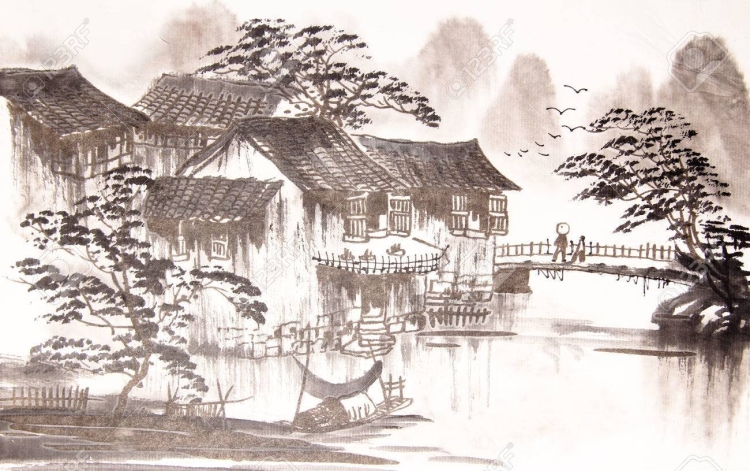 Китайская деревня рисунок