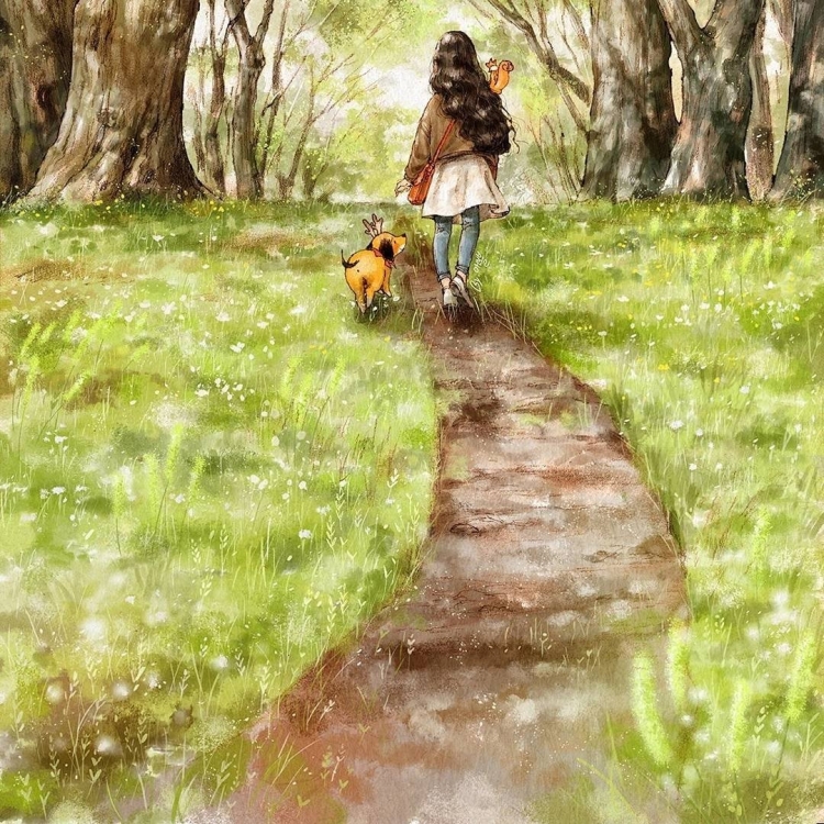 Девушка с псом в лесу