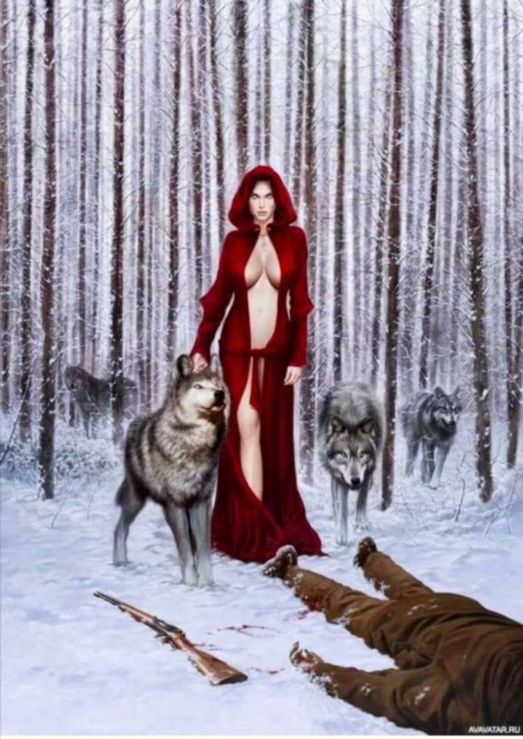 Девушка с волком в лесу