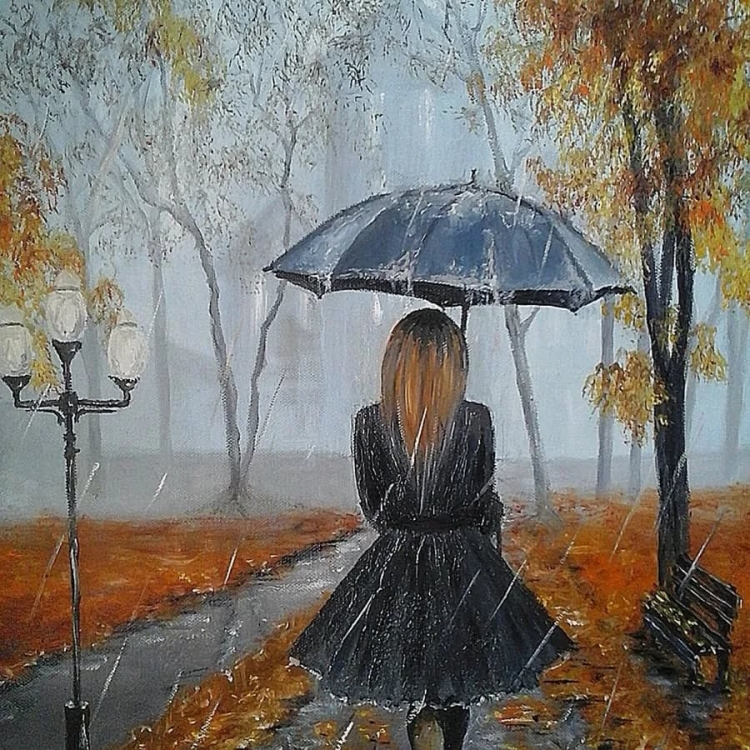 Осенний пейзаж девушка с зонтиком