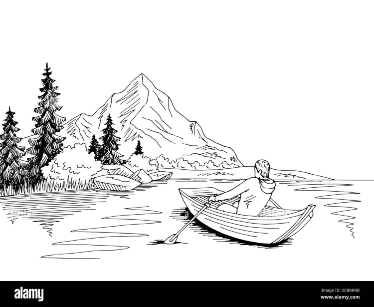 Озеро с лодкой рисунок