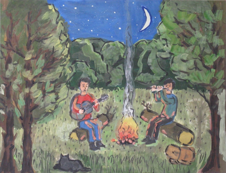 Рисунок люди у костра в лесу