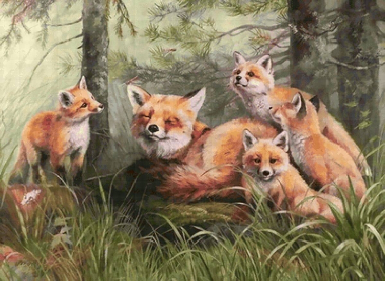 Рисунок лиса с лисятами в лесу