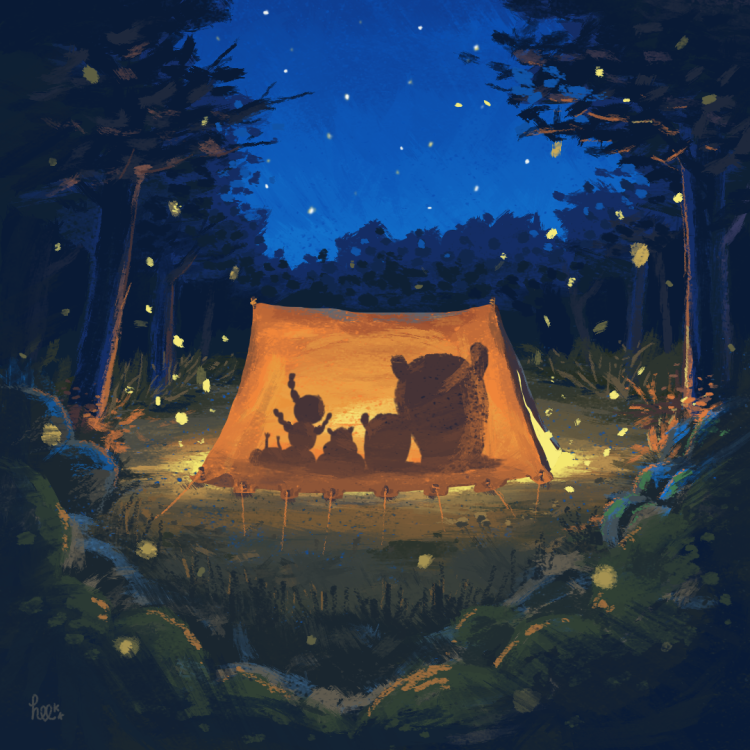Палатка и костер в лесу ночью