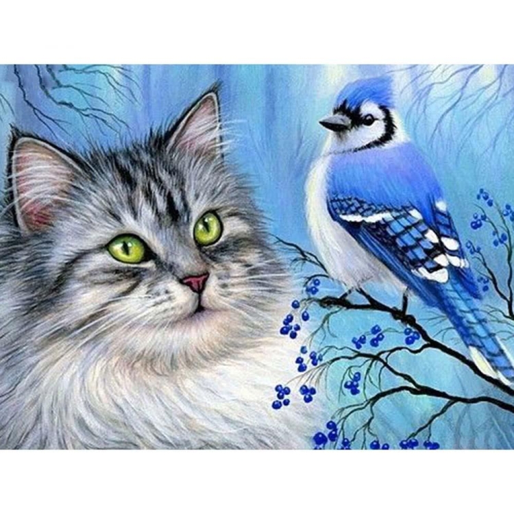 Кот с птицей рисунок