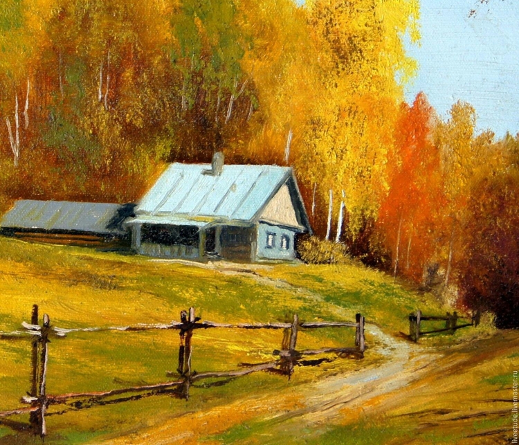 Осень в деревне пейзаж рисунок