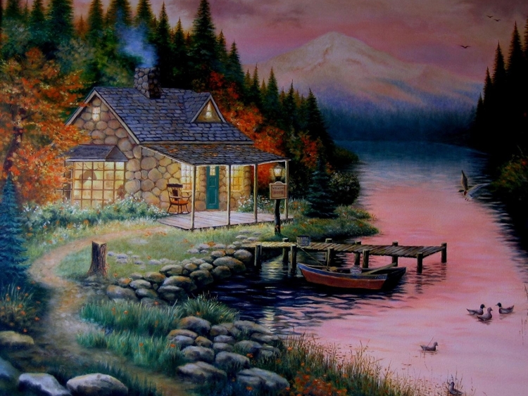 Маленький дом в лесу у озера