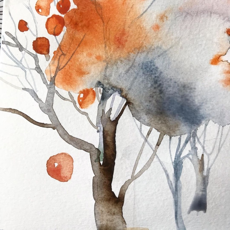 Осеннее дерево рисунок акварелью
