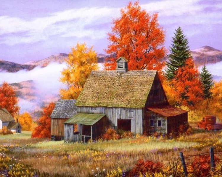 Рисунки домик в деревне осенью