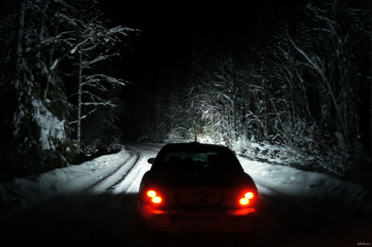 Машина ночью зимой в лесу