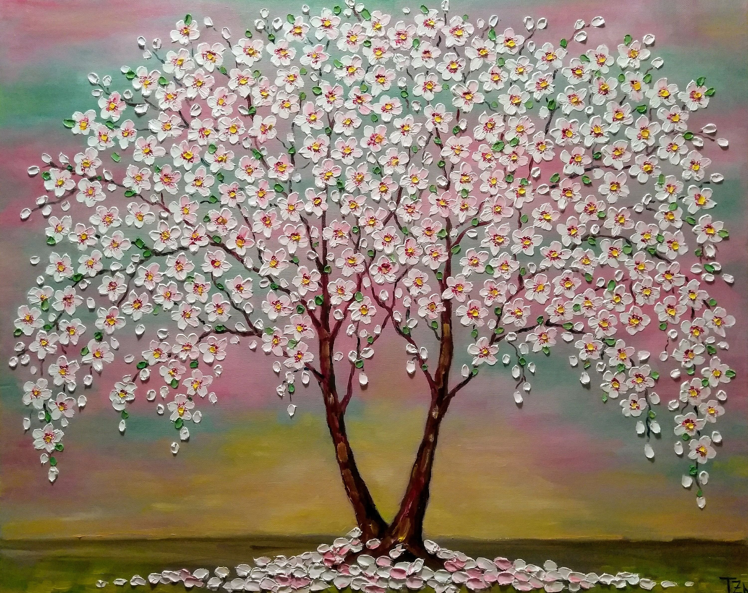 Рисование цветущий сад. Пуантилизм Сакура. Яблоня черри блоссом. Весеннее дерево ватными палочками. Весеннее дерево.