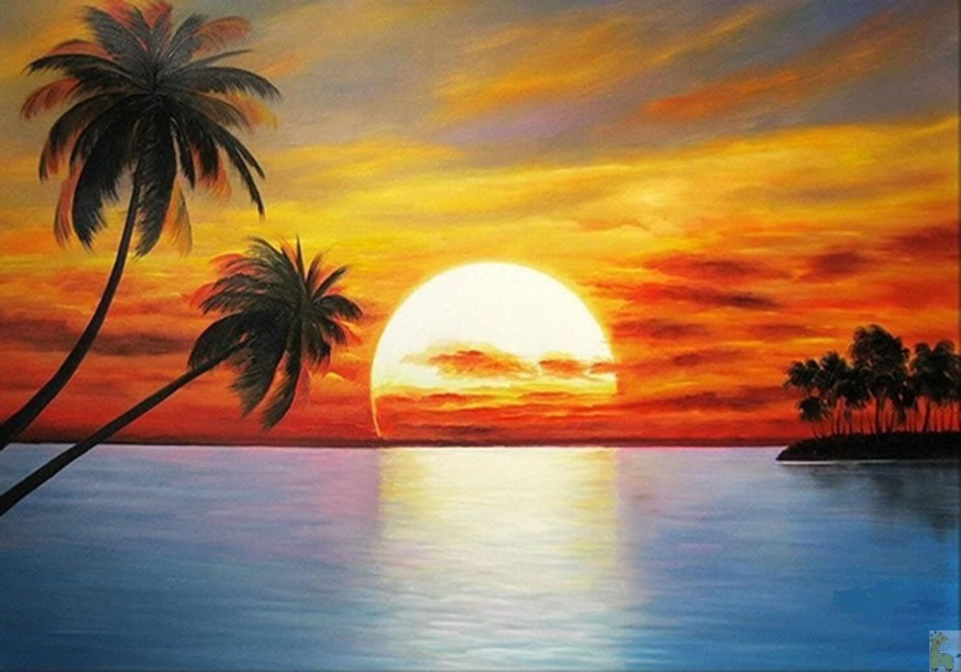 Пейзаж рисунок. Картина закат. Закат рисунок. Пейзаж с пальмами.