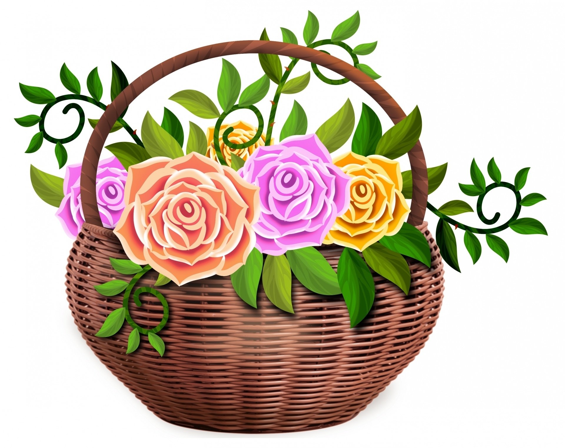 Красивые цветы в плетеной корзине, на цветной ткани и деревянном фоне | Премиум Фото