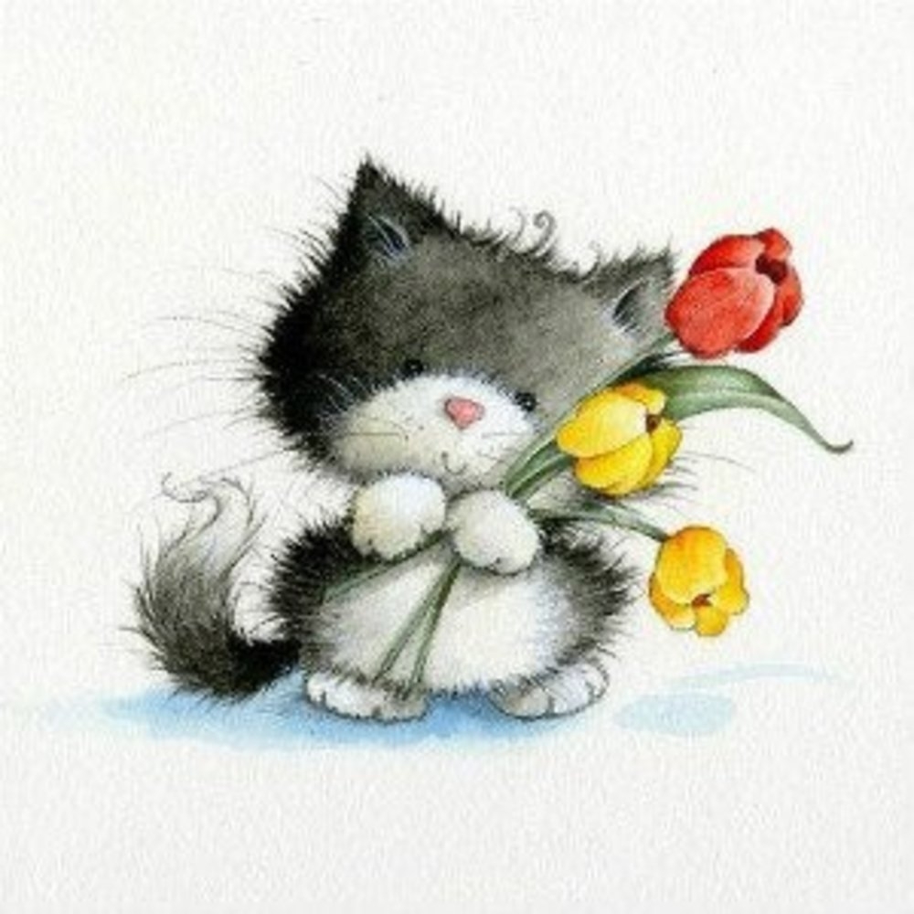 Открытки на тему кошка цветы