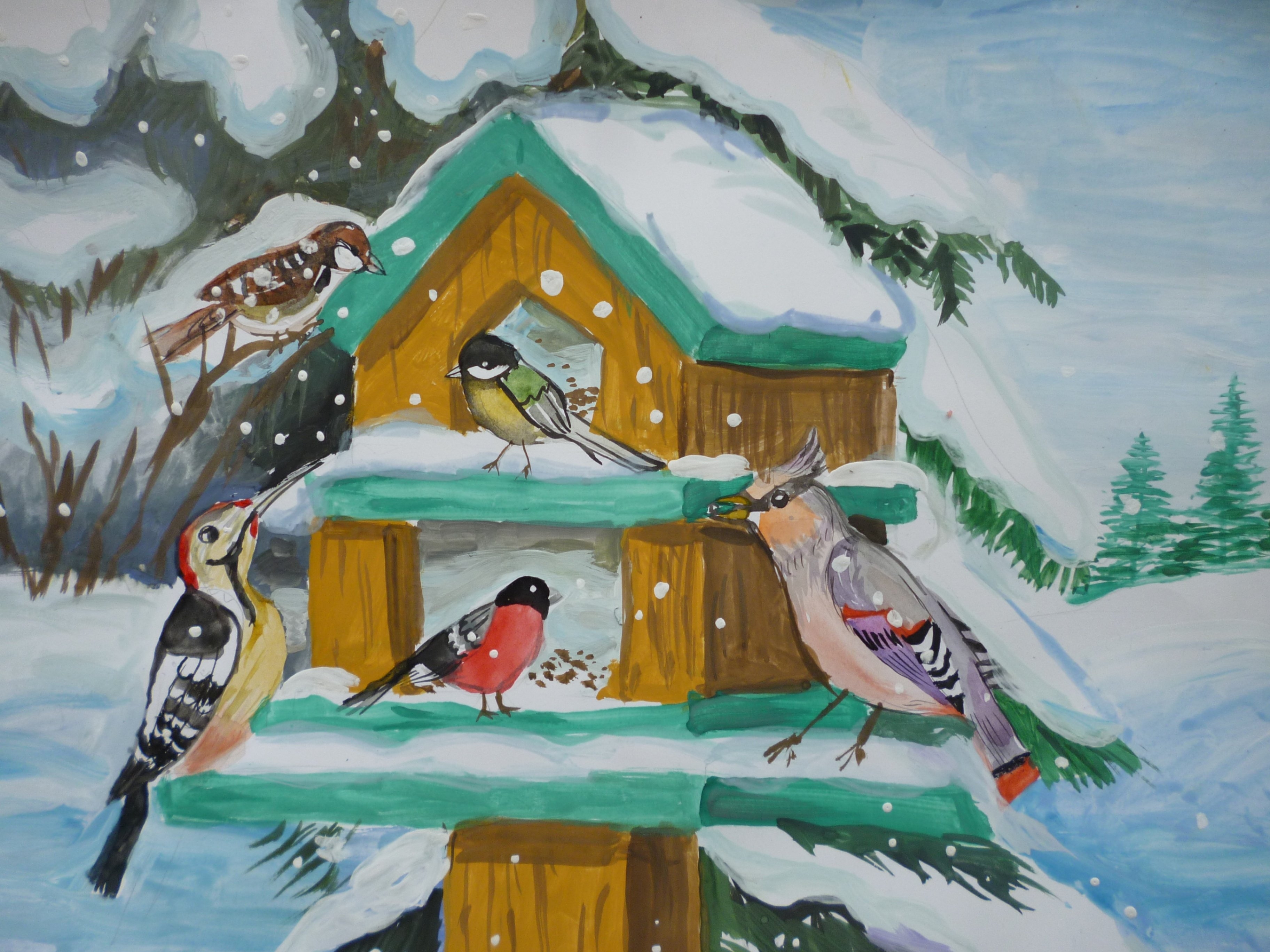 Пернатые гости кормушек. Зимние рисунки. Зимовье птиц. Рисунок на зимнюю тему. Птицы зимой.