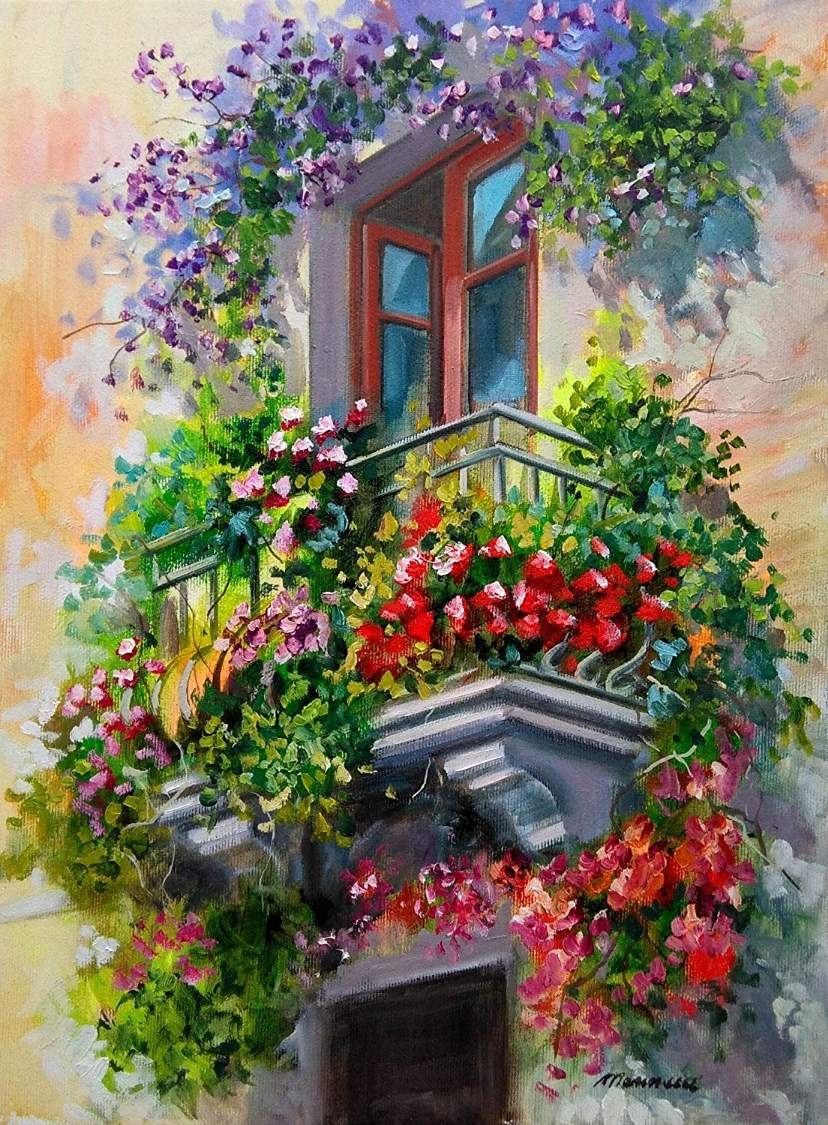 Картина на балконе. Итальянские Балкончики с цветами в живописи. Итальянские улочки Балкончики. Цветы на балконах в живописи. Окна домика живописью.