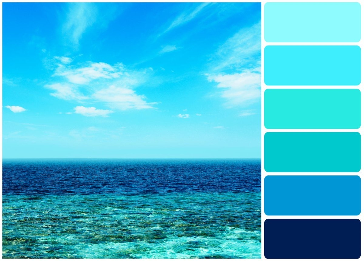 По бирюзовому небосклону. Цвет моря. Морской цвет. Палитра море. Лазурный голубой цвет.