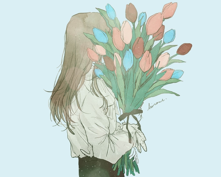 Рисунок девушка с тюльпанами