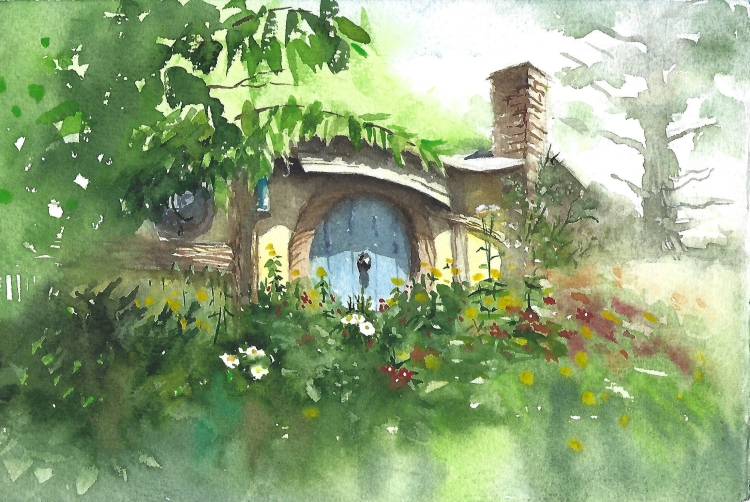 Рисунок акварелью дом в лесу