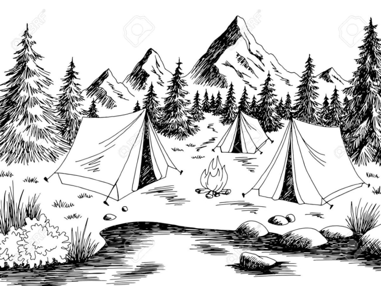 Рисунок палатка в лесу карандашом