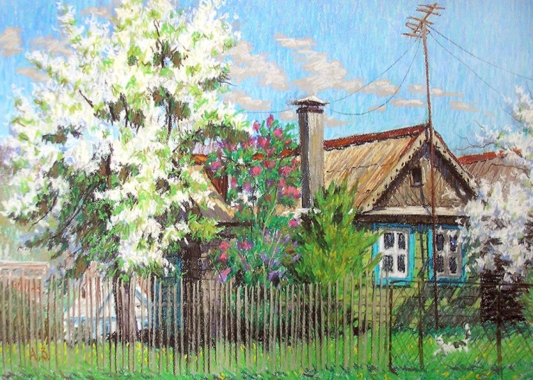 Весенний пейзаж деревни рисунок
