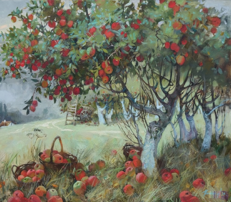 Осенняя яблоня с красными яблоками