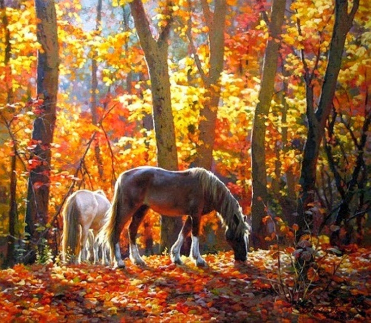 Осенний лес и лошади