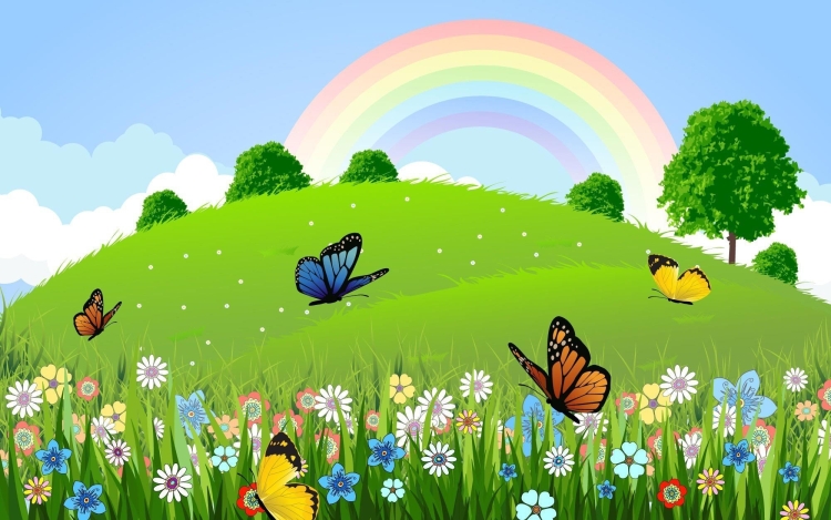 Рисунок полянка с цветами и бабочками