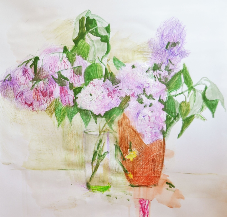 Цветы в стеклянной вазе рисунок