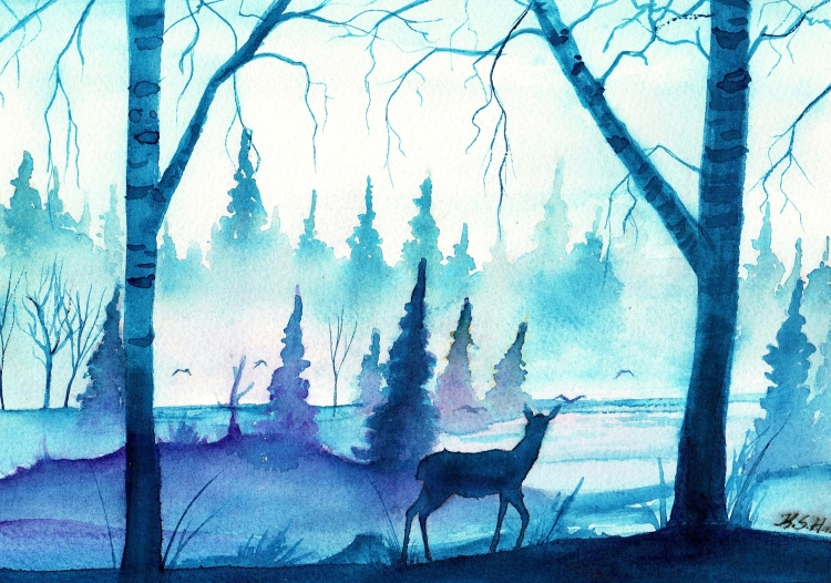 Рисунок акварелью природа зима