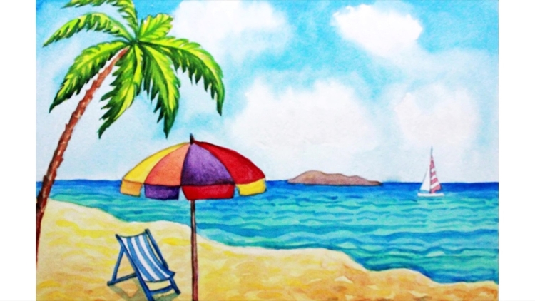 Рисунок пляж и море красками