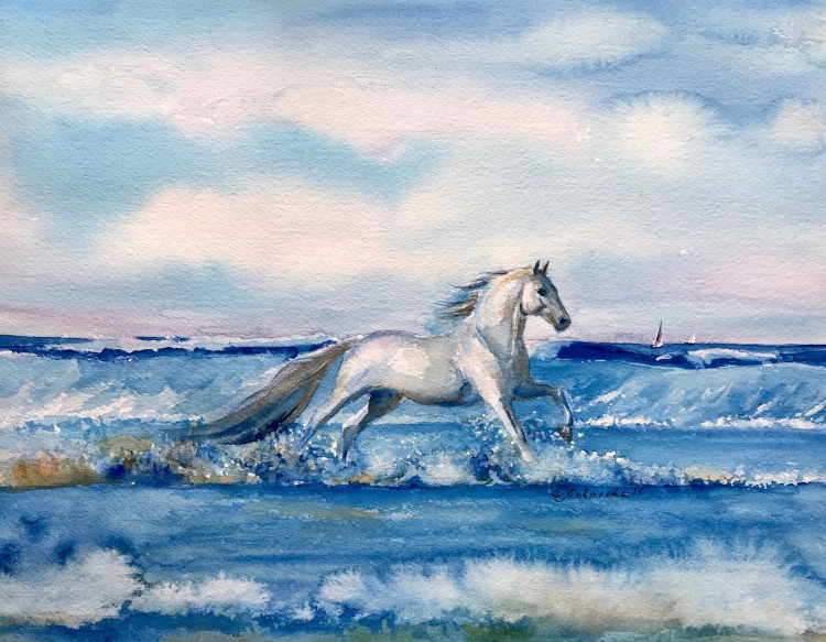 Рисунок бегущая белая лошадь