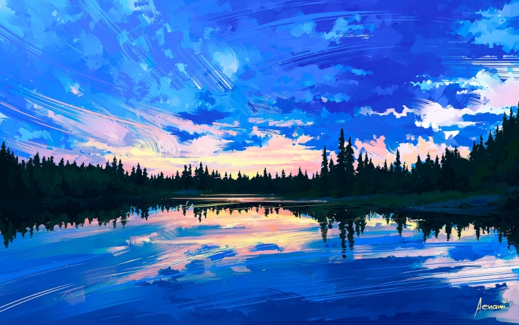 Отражение леса в озере рисунок