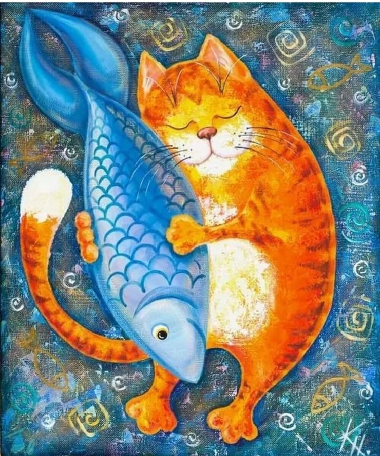 Рисунок кот с рыбой в зубах