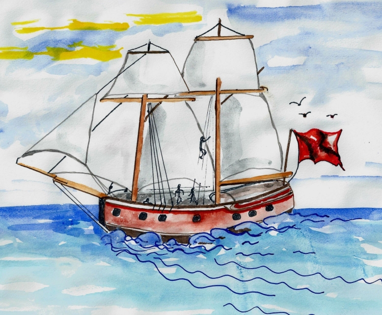 Рисунок мультяшного кораблика