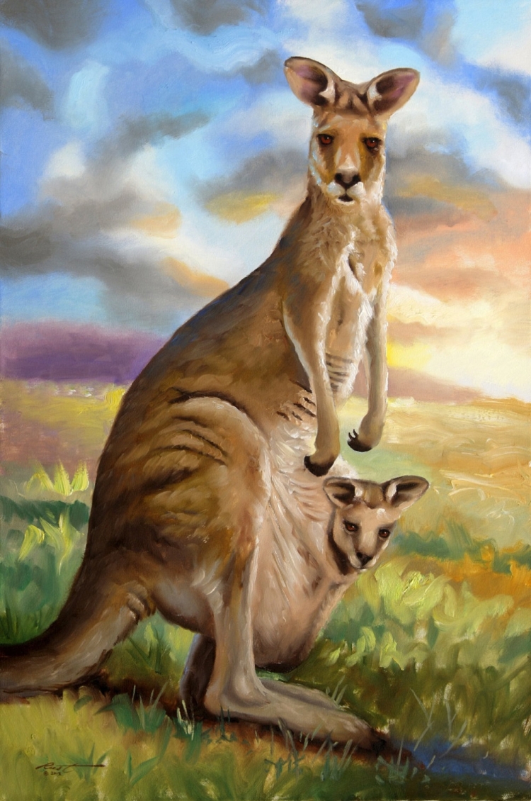 Животные кенгуру с детенышем