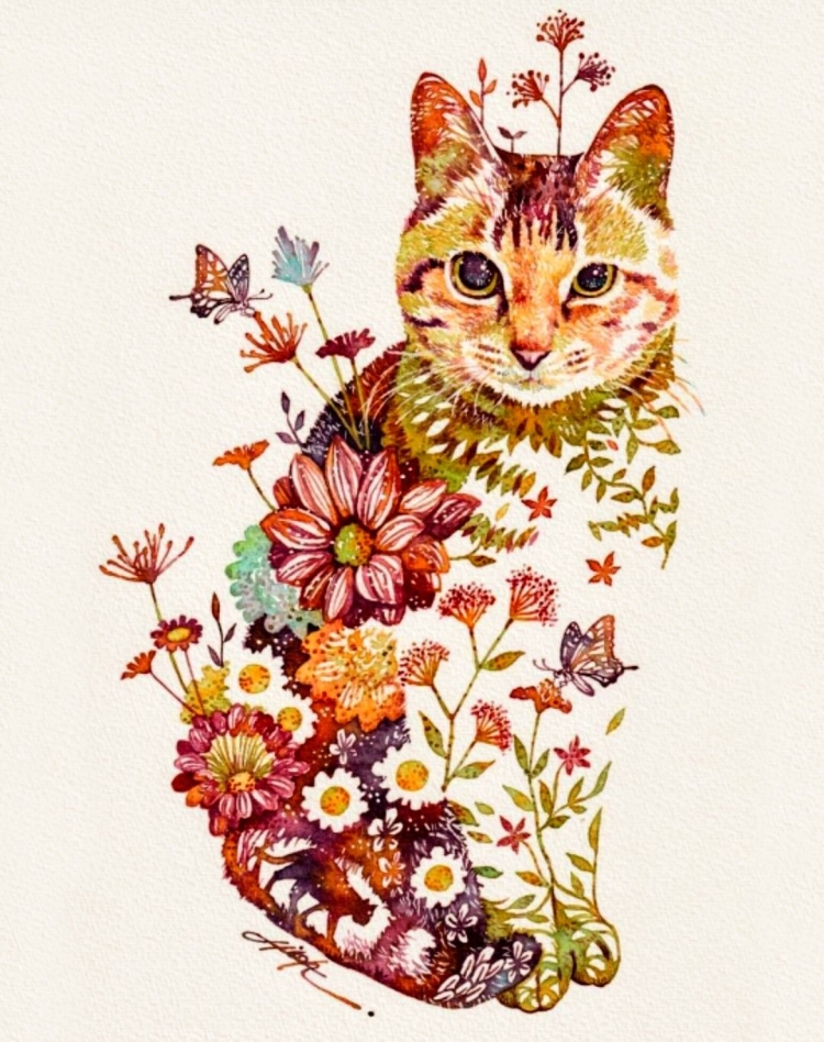 Мультяшный котик с цветами