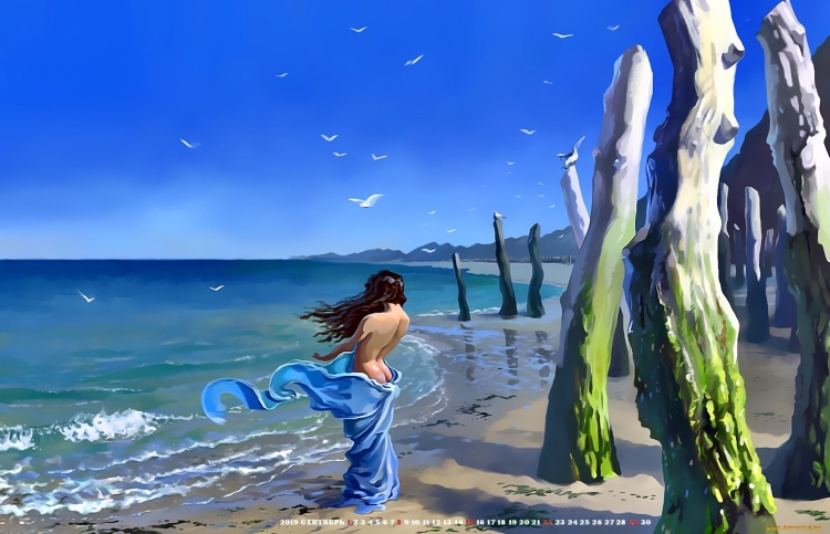 Девушка в синем платье у моря
