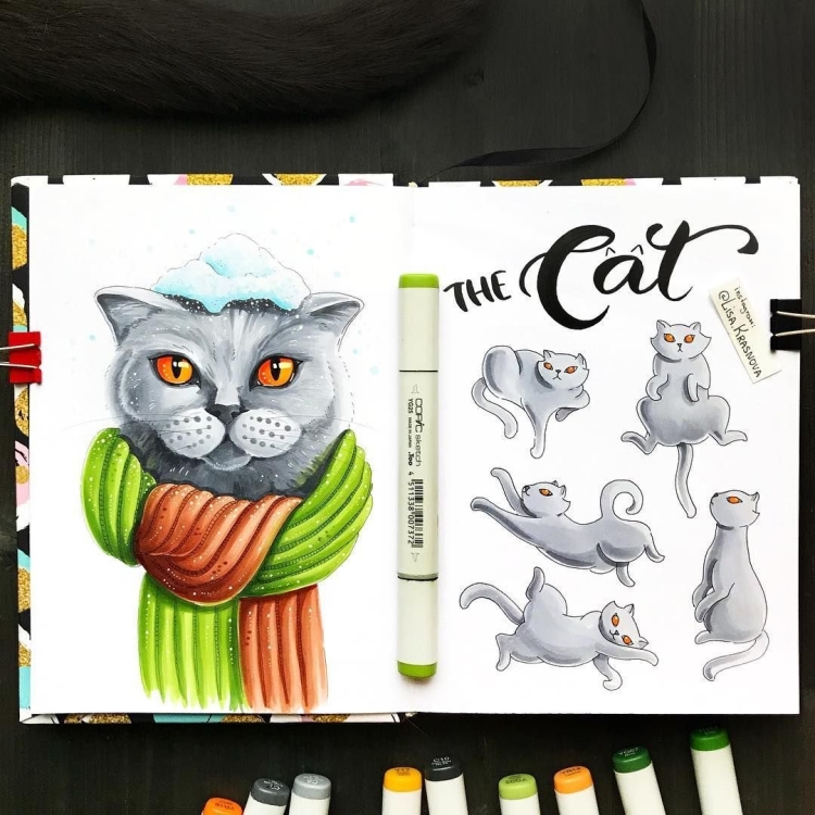 Кот скетч маркерами