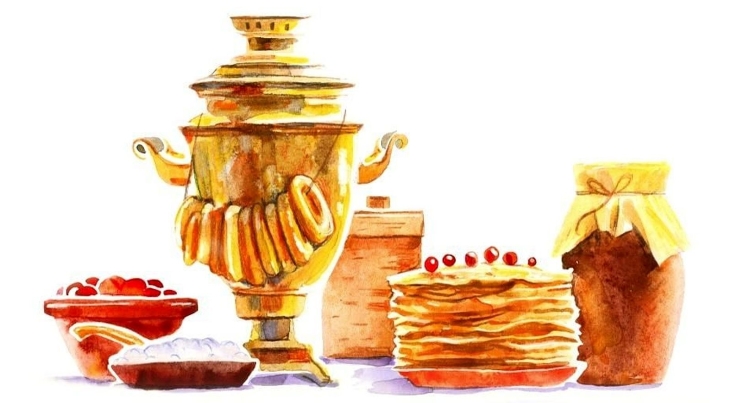Стол с самоваром и баранками