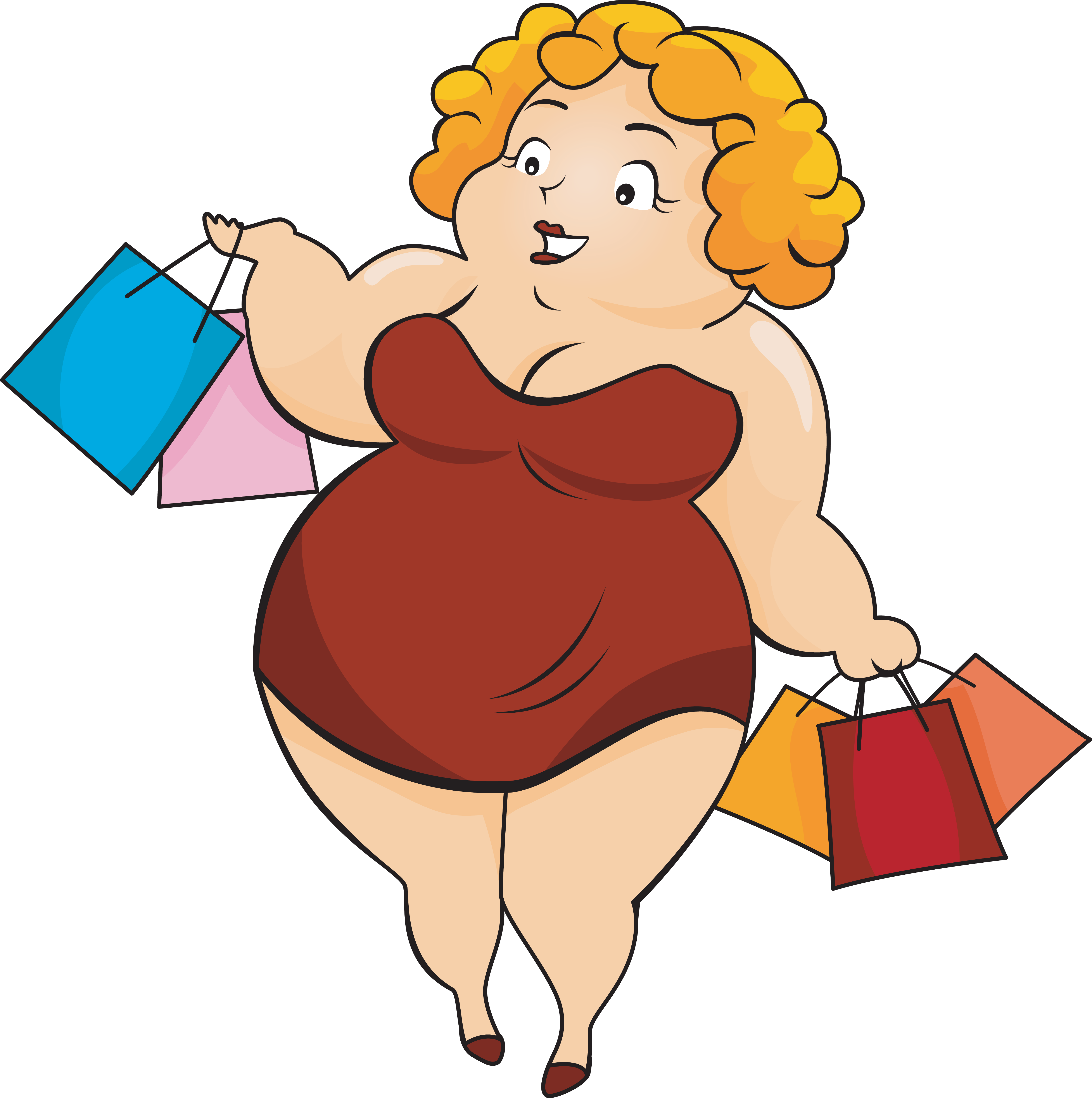 Молодая толстая дама. Мультяшная полная женщина. Толстуха с сумками. Толстая тетка с сумками. Толстая женщина на прозрачном фоне.