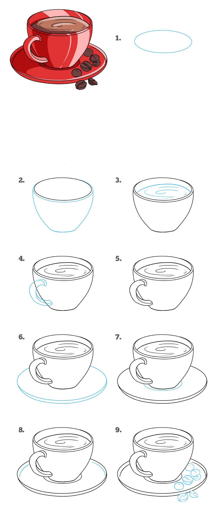 Урок-схема рисования карандашом - чашка с блюдцем