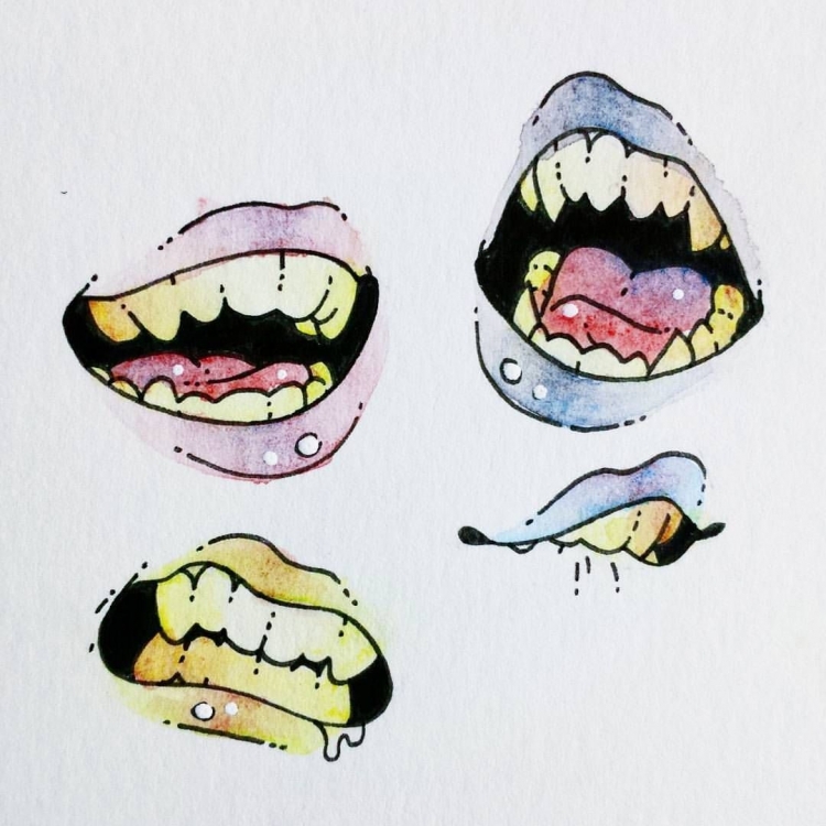Аниме рот с клыками карандашом