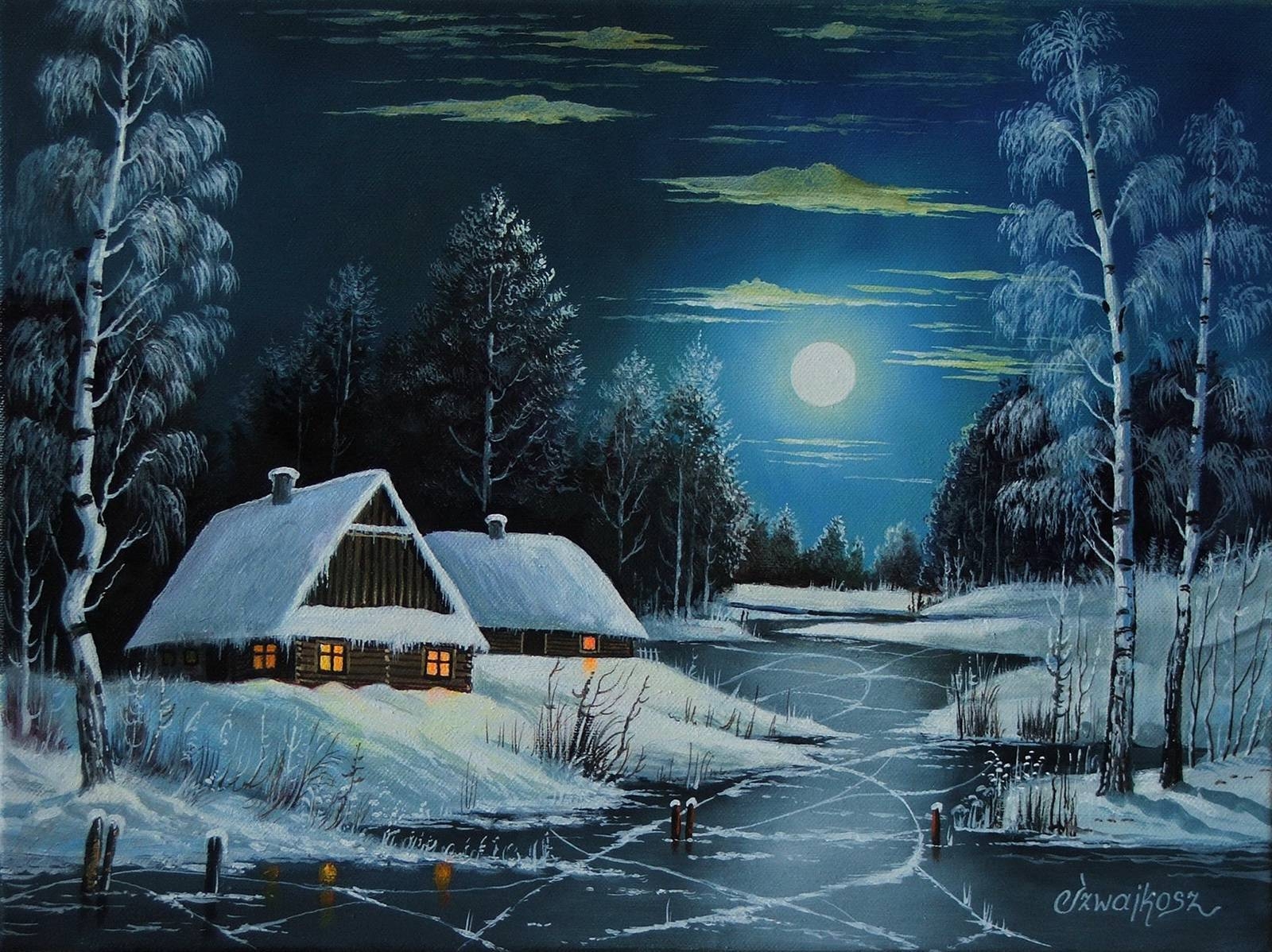 Тиха рождественская ночь. Czeslaw Szwajkosz художник зима. Зимняя ночь. Зимний ночной пейзаж.