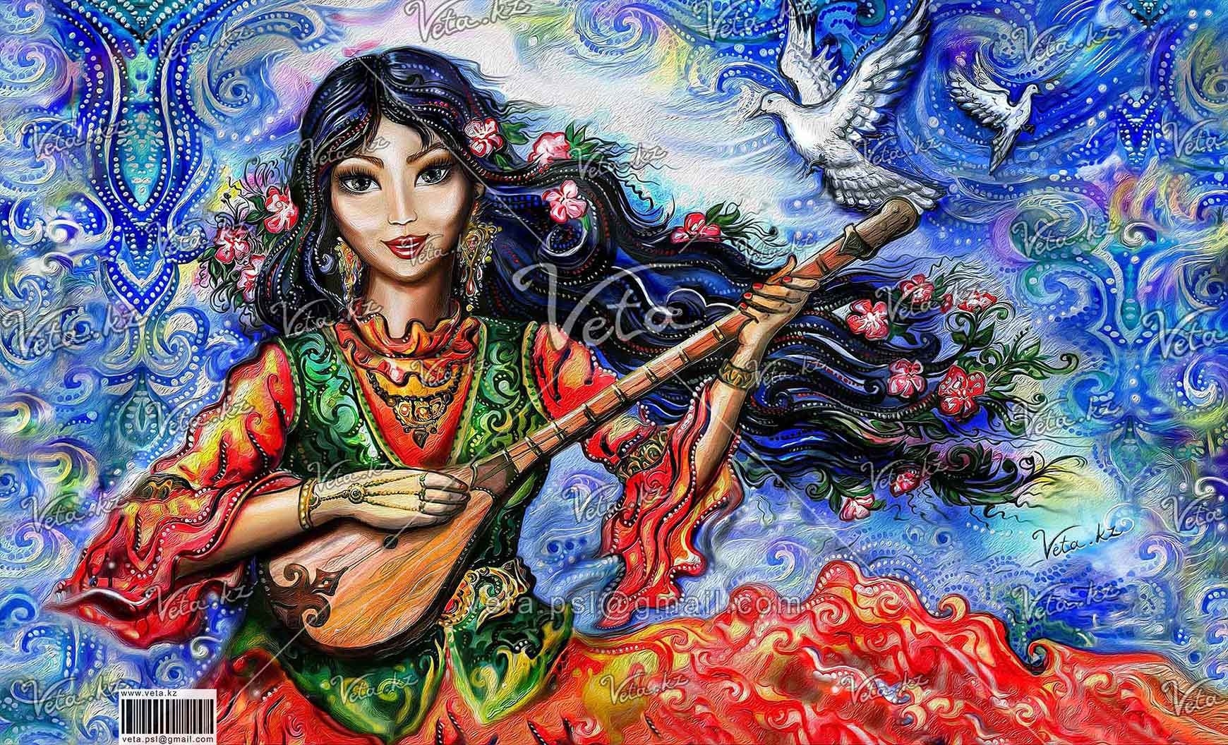 Сине сием казахская слушать. Казахские картины. Казахские иллюстрации. Девушка с домброй картина. Современная казахская живопись.