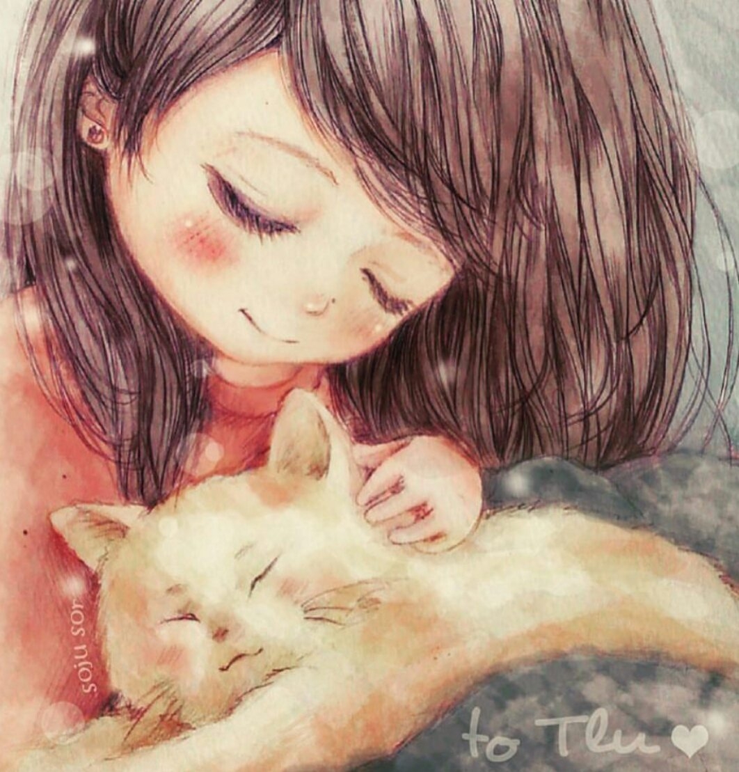 Милые картинки рисунки. Девочка с котом. Девочка обнимает кота. Трогательные арты. Девушка с котом арт.