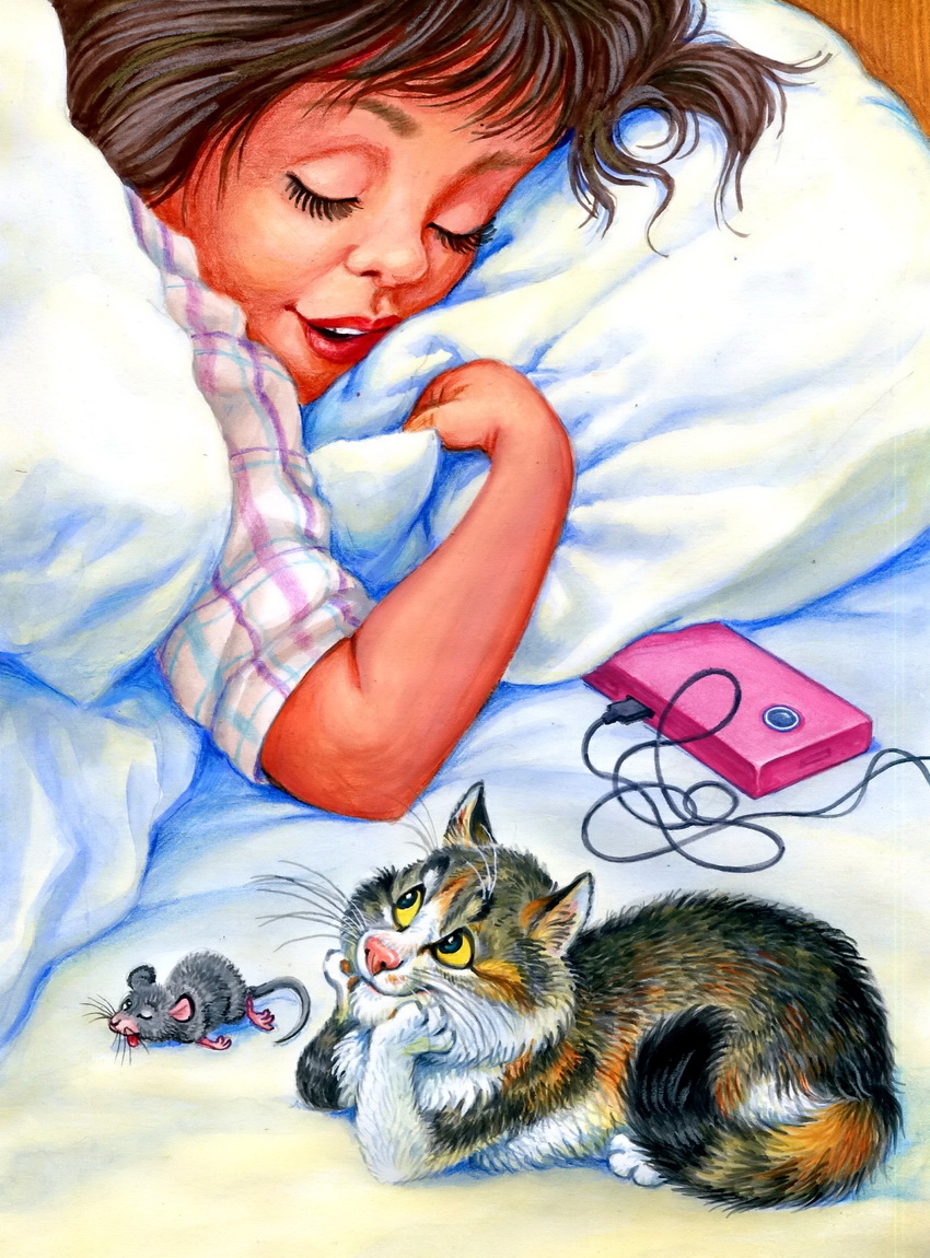 девочка на кровати с котенком